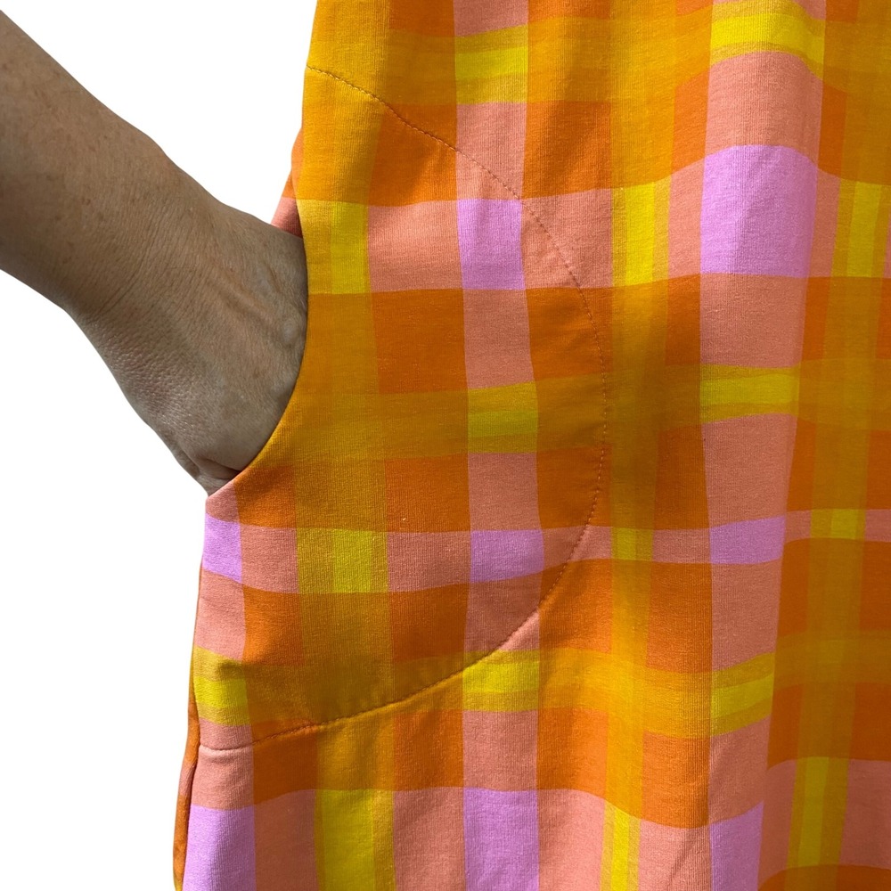 Lesley Evers Large Orange Pink Plaid Sleeveless Shift Dress Collared Retro - Picture 4 of 7